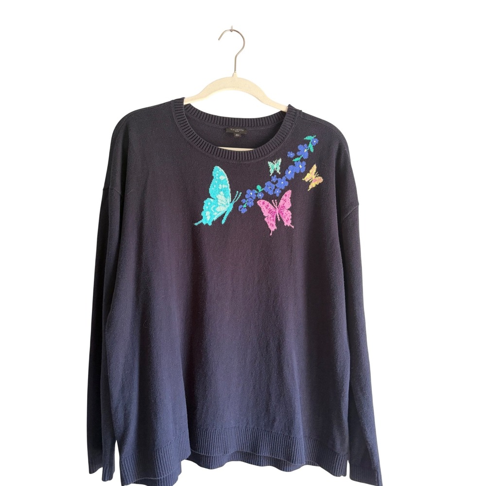 Talbots Petite Navy Blue Butterfly Floral Intarsia Knit Crewneck Sweater XLP